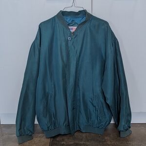 Lucky Star Vintage 100% Silk Luxury Lightweight Unisex Bomber Jacket Size L Teal